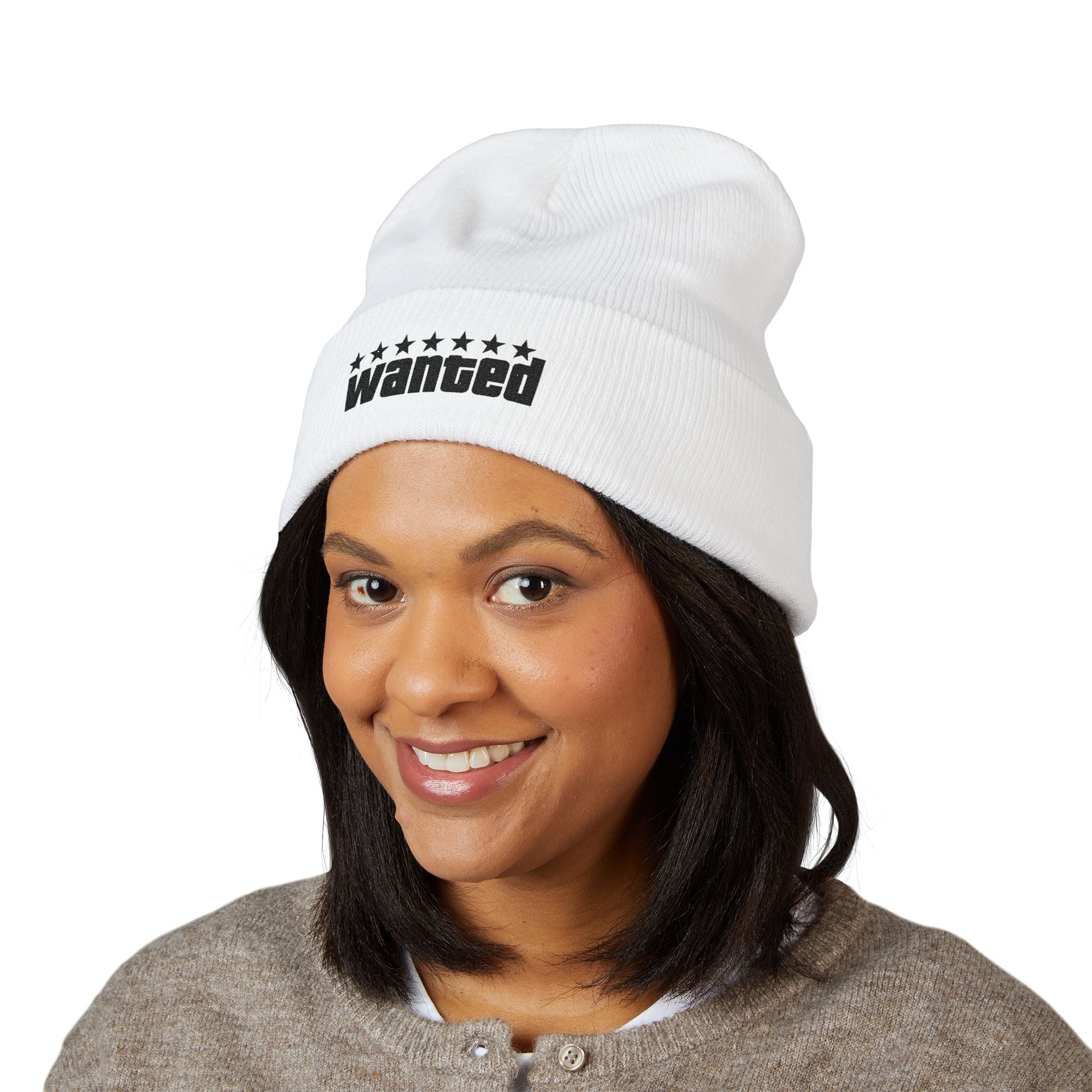 Wanted White Classic Cuffed Beanie (Embroidery) - GTA Accessories