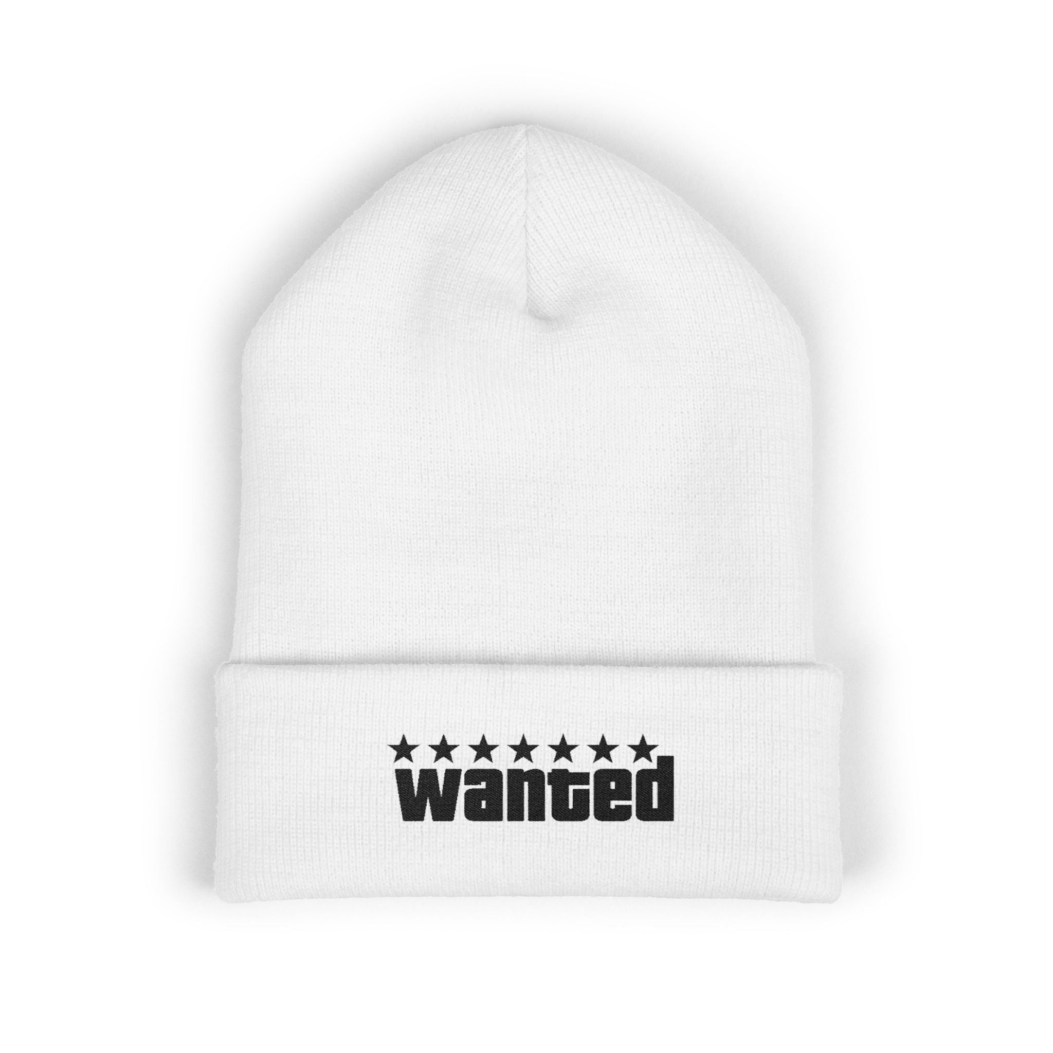 Wanted White Classic Cuffed Beanie (Embroidery) - GTA Accessories